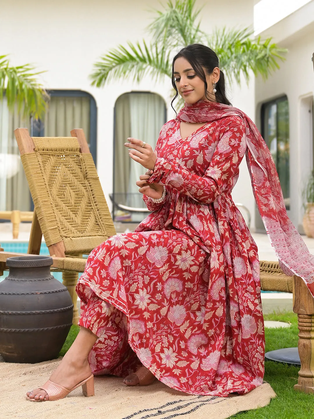 Jashvi Floral Printed Red Cotton Alia Cut Kurta Set for women