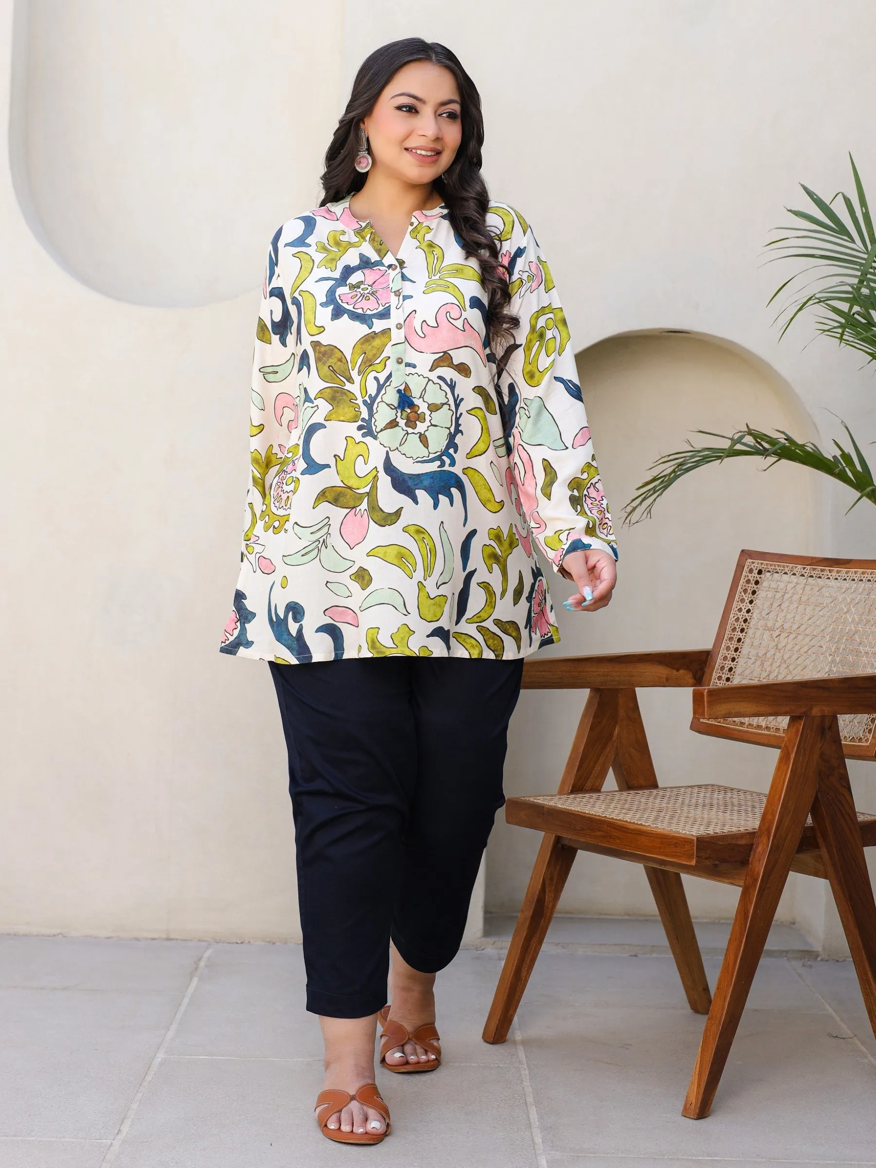 Jashvi Multi-Coloured Abstract Printed A-Line Rayon Plus Size Tunic