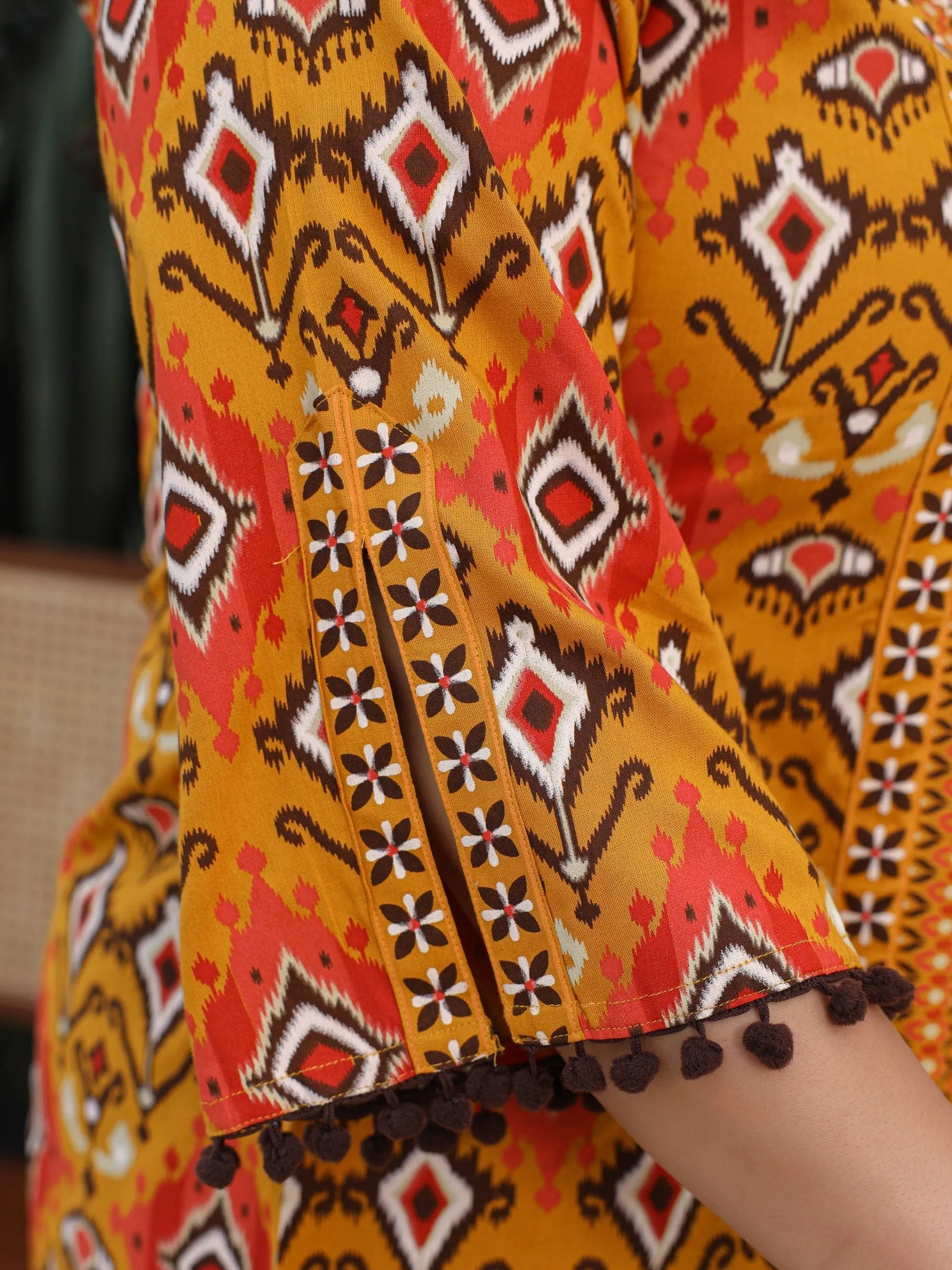 Jashvi Mustard Rayon Ikat Printed A-Line Lacy Plus Size Tunic With Pintucks At Works & Beadwork