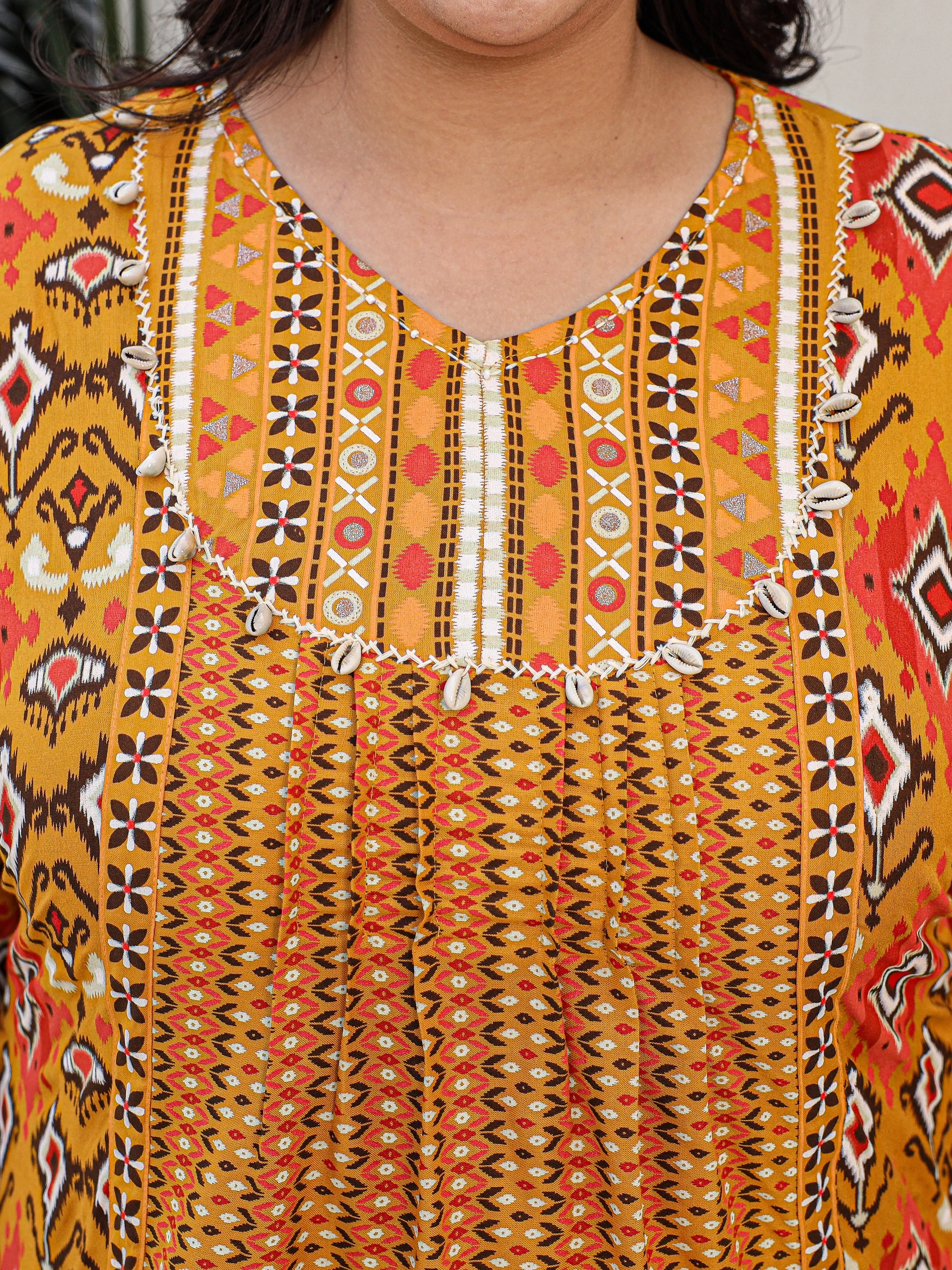 Jashvi Mustard Rayon Ikat Printed A-Line Lacy Plus Size Tunic With Pintucks At Works & Beadwork