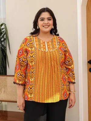 Jashvi Mustard Rayon Ikat Printed A-Line Lacy Plus Size Tunic With Pintucks At Works & Beadwork