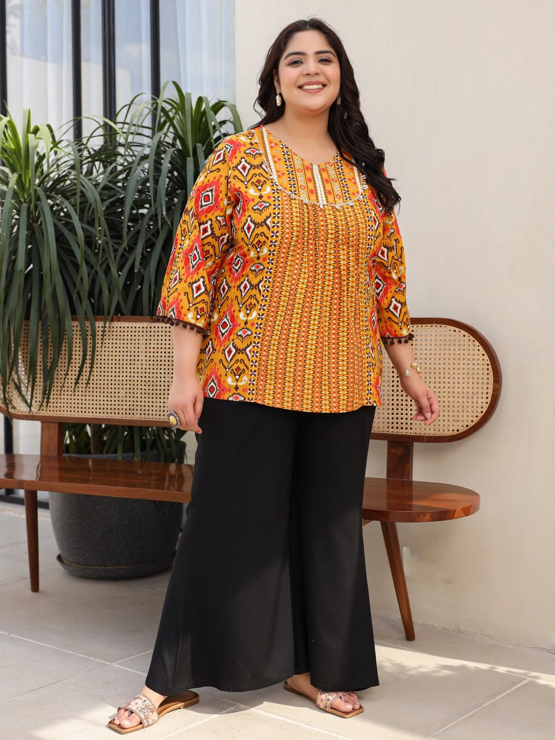 Jashvi Mustard Rayon Ikat Printed A-Line Lacy Plus Size Tunic With Pintucks At Works & Beadwork