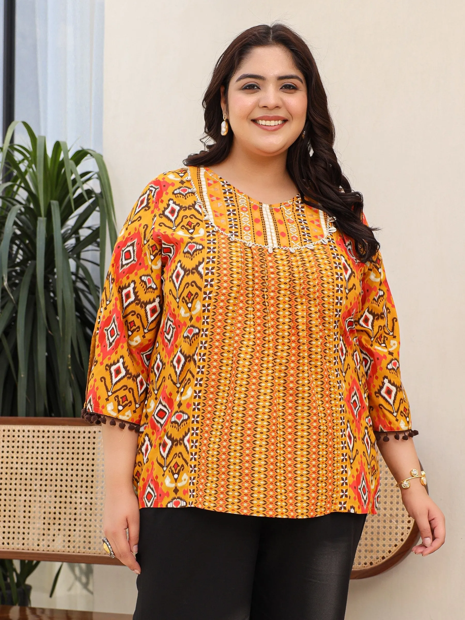 Jashvi Mustard Rayon Ikat Printed A-Line Lacy Plus Size Tunic With Pintucks At Works & Beadwork