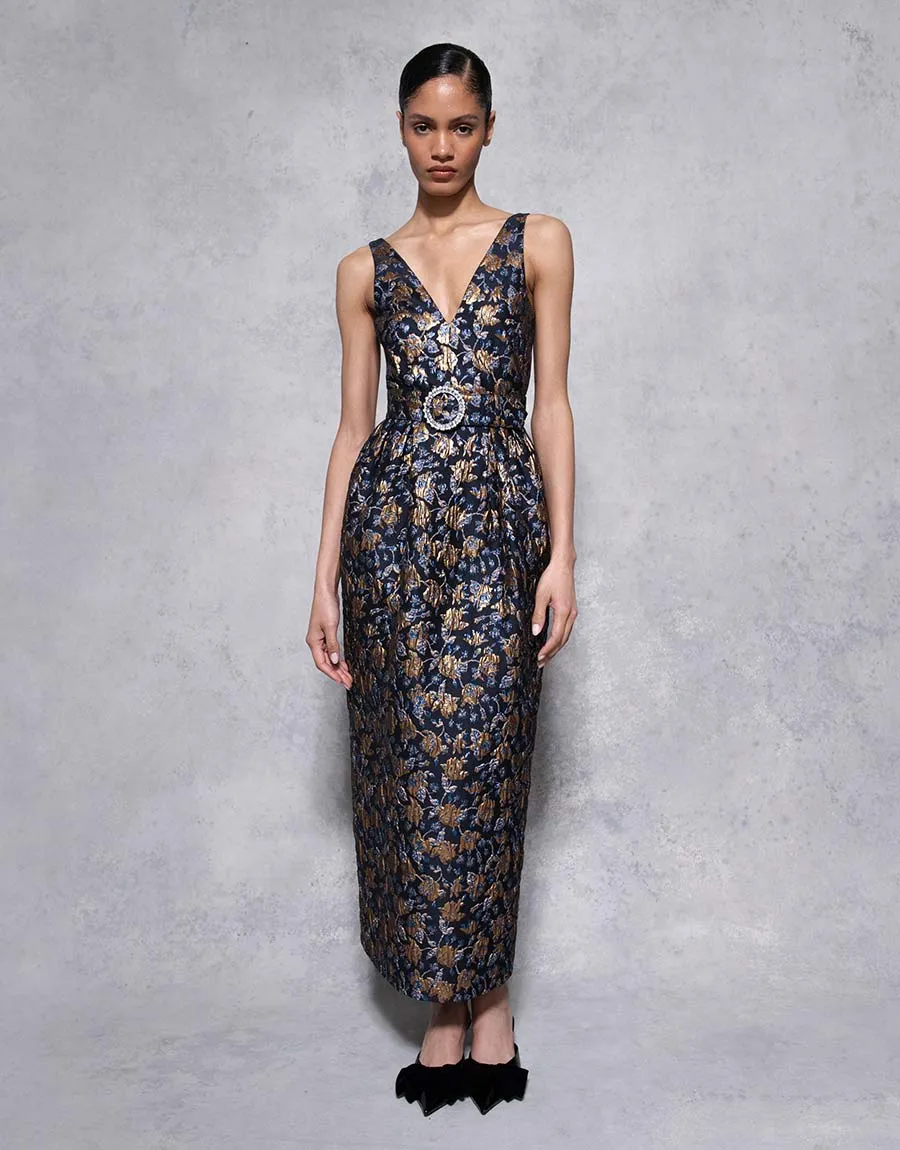 Jules Floral Jacquard Midi Dress - Navy/Gold