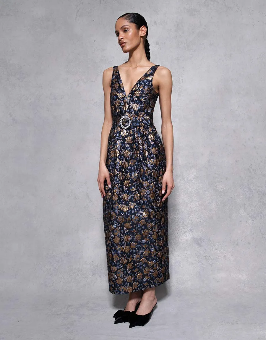 Jules Floral Jacquard Midi Dress - Navy/Gold