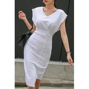 Ketty More Women V-Neck Solid Pattern Pencil Skirt Modern Dress-KMWD66877