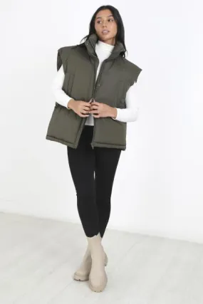 KHAKI ZIP THROUGH HIGH NECK BOXY PADDED GILET