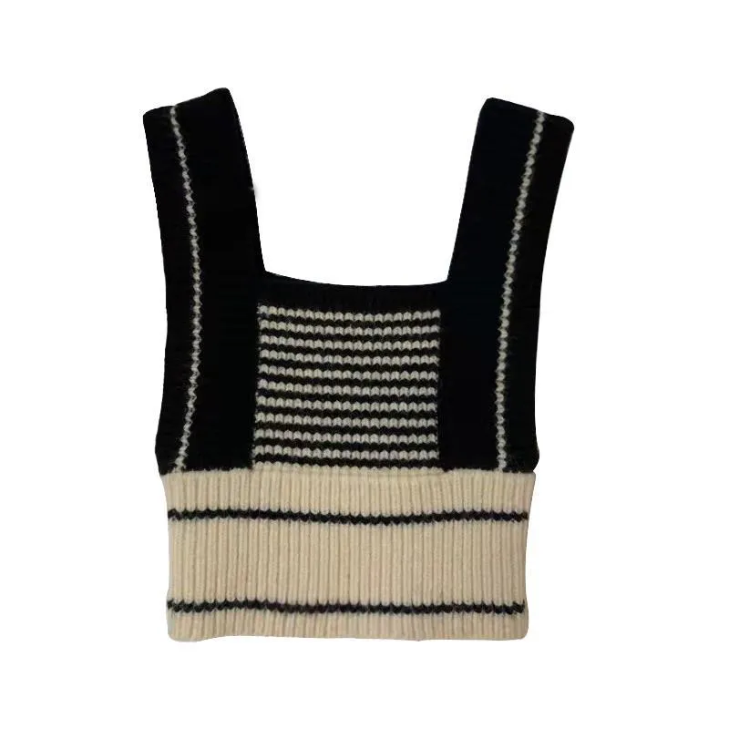 Korea irregular stripes shoulder strap crop short knitted camisole small vest