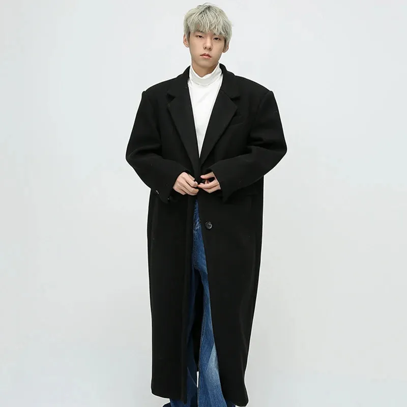 Korean Style Men Woolen Coat New Winter Solid Color Simple Knee Length Outerwear Shoulder Padded Design Male Top 9C3549