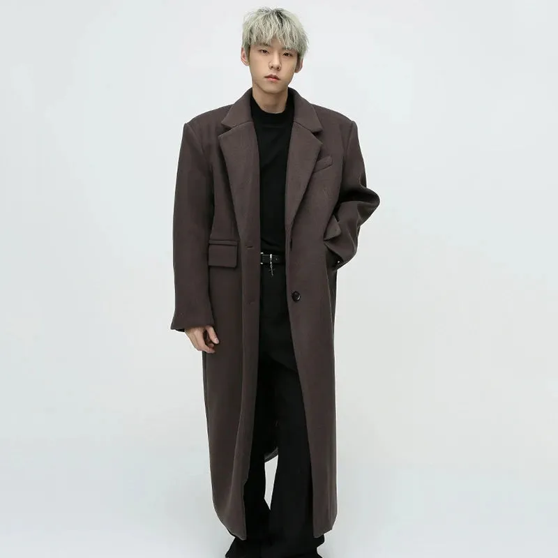 Korean Style Men Woolen Coat New Winter Solid Color Simple Knee Length Outerwear Shoulder Padded Design Male Top 9C3549