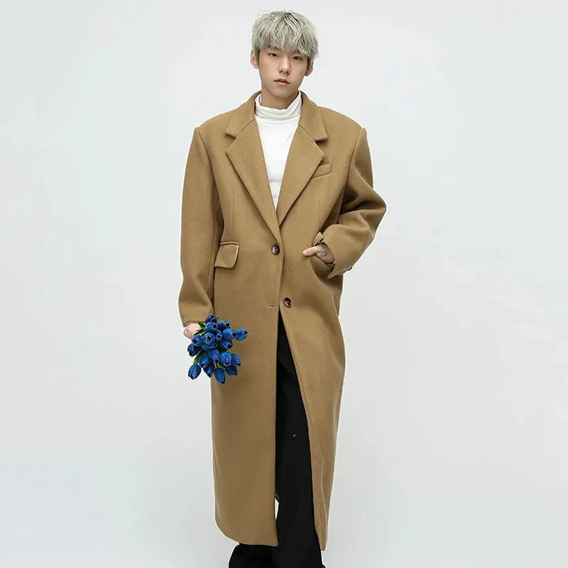 Korean Style Men Woolen Coat New Winter Solid Color Simple Knee Length Outerwear Shoulder Padded Design Male Top 9C3549