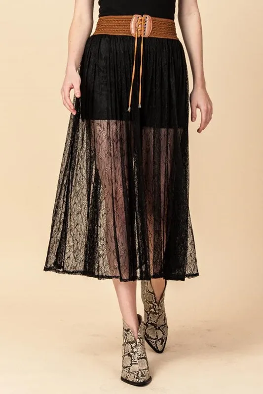 Lace Mesh Wide Belt Midi Skirt Lined w/ Shorts - Black