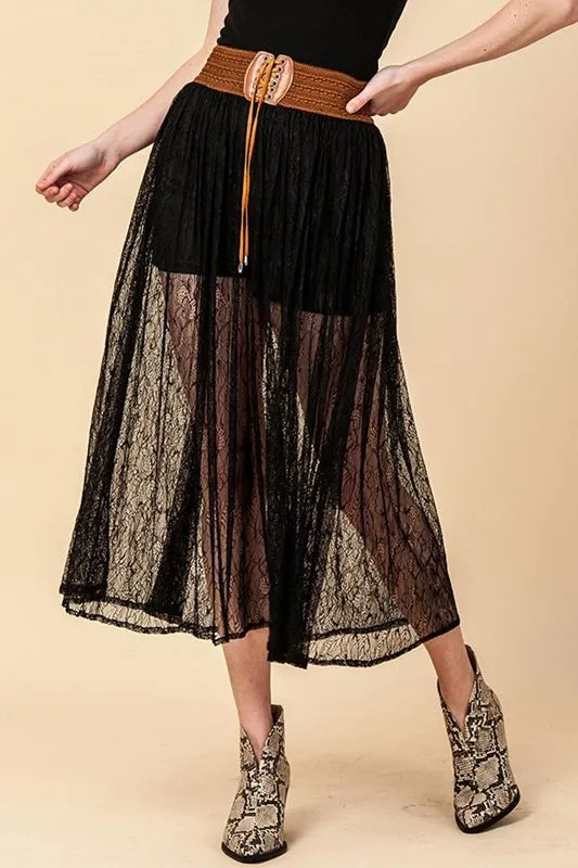 Lace Mesh Wide Belt Midi Skirt Lined w/ Shorts - Black