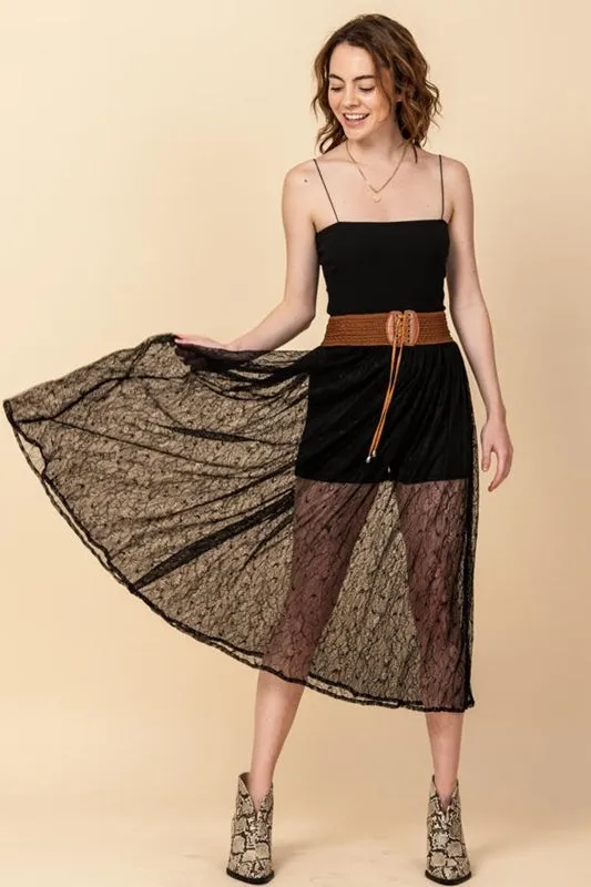 Lace Mesh Wide Belt Midi Skirt Lined w/ Shorts - Black