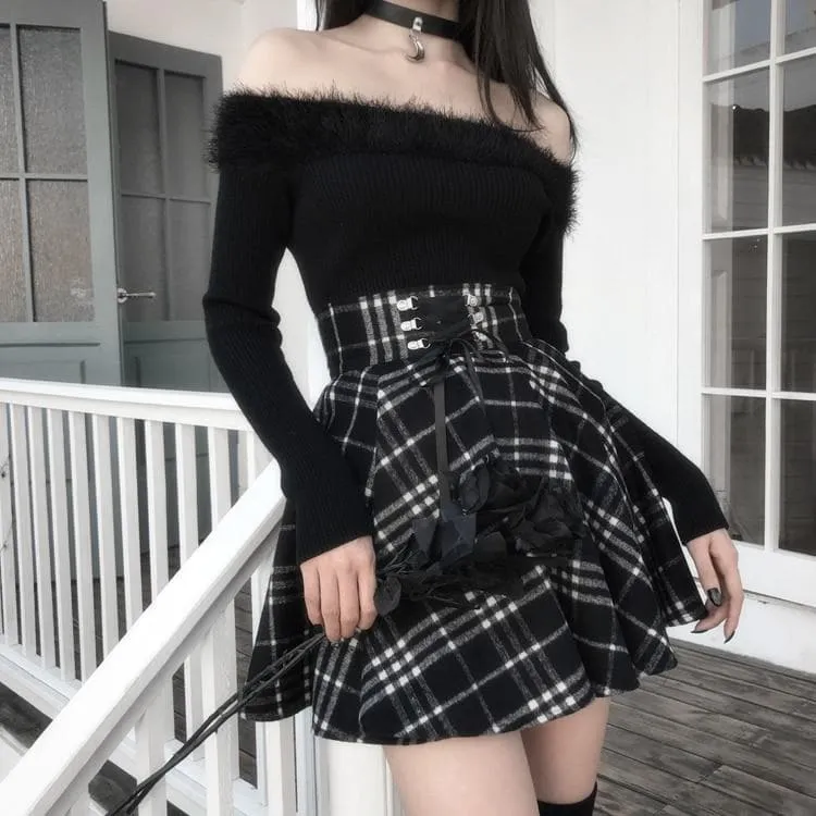 Lace-Up Mini Skirt With Plaid Pattern