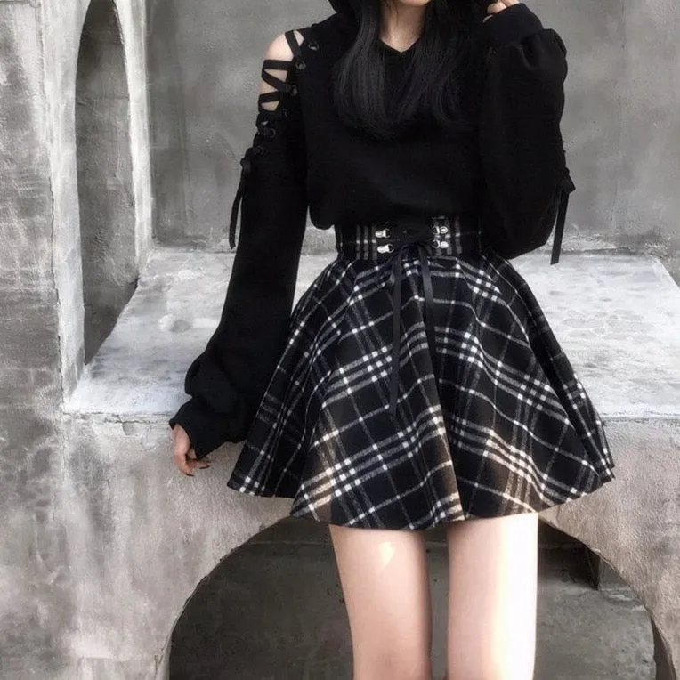 Lace-Up Mini Skirt With Plaid Pattern