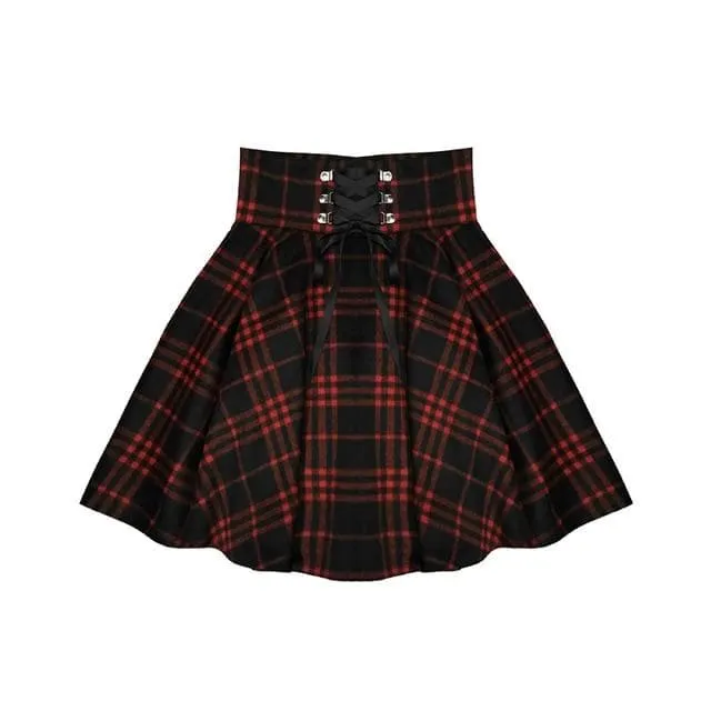 Lace-Up Mini Skirt With Plaid Pattern