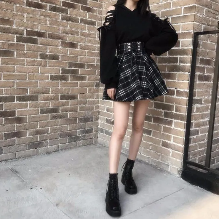 Lace-Up Mini Skirt With Plaid Pattern