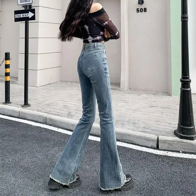 Lanfubeisi fall outfits women Spring and Autumn Retro Blue Micro Flared Pants Women's High Waist Slimming Wide Leg American Hot Girl Frayed Horseshoe Pants Autumn Stretch Pants