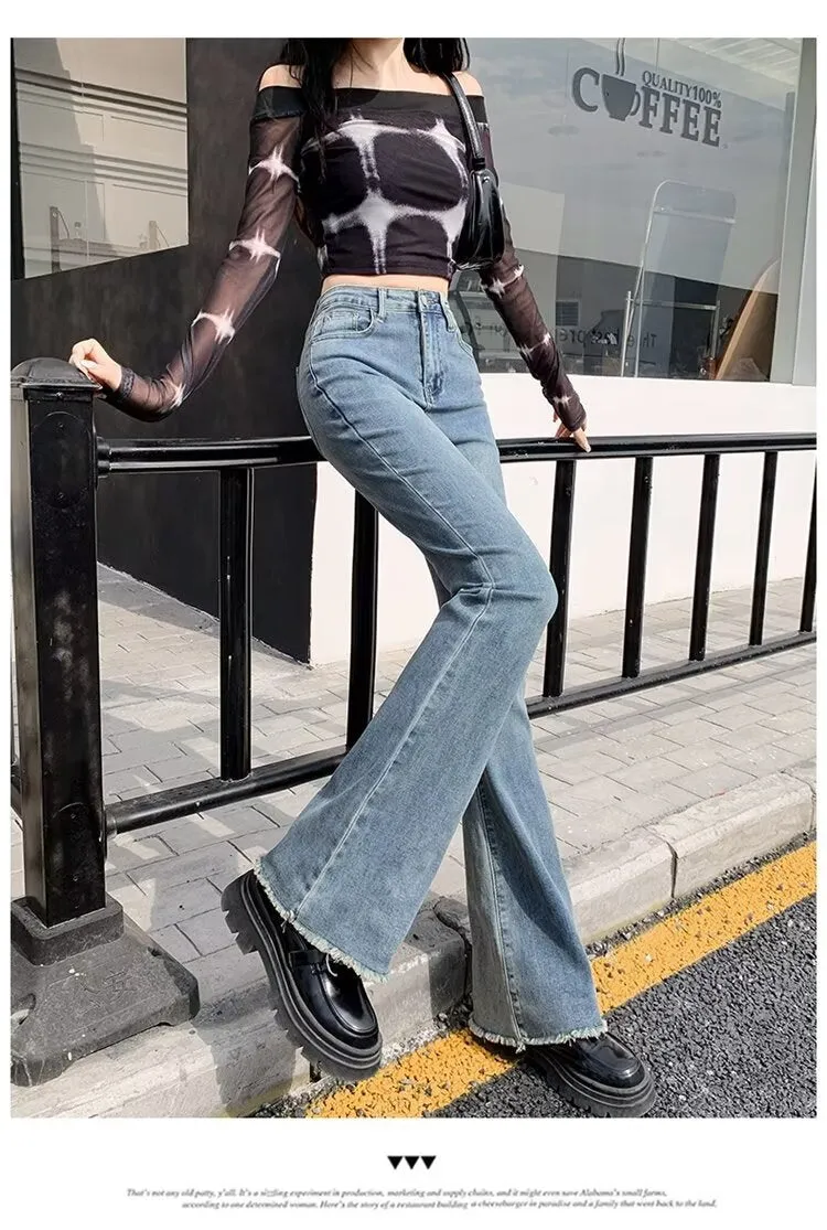 Lanfubeisi fall outfits women Spring and Autumn Retro Blue Micro Flared Pants Women's High Waist Slimming Wide Leg American Hot Girl Frayed Horseshoe Pants Autumn Stretch Pants