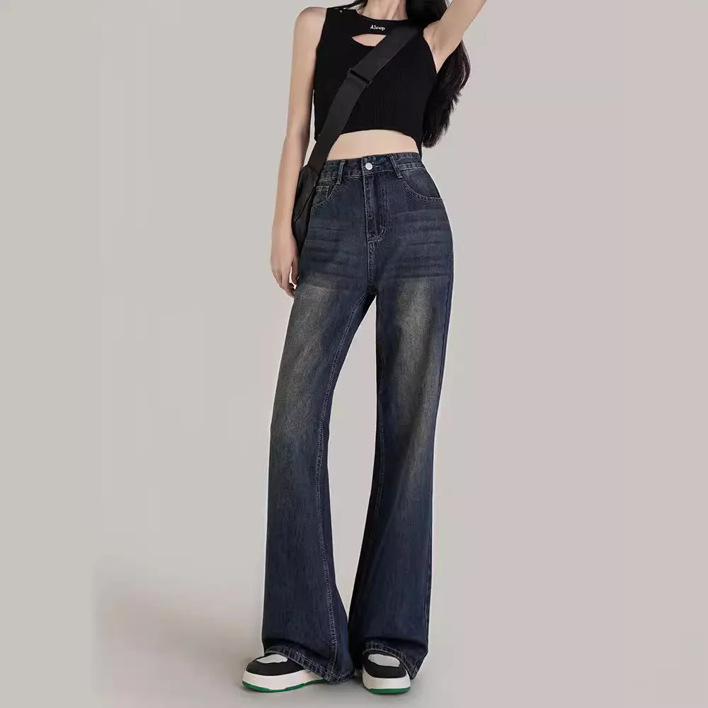 Lanfubeisi shamar Micro Flared Jeans Women's Autumn and Winter Retro Blue High Waist Loose Wide Leg Pants Small Mop Long Pants