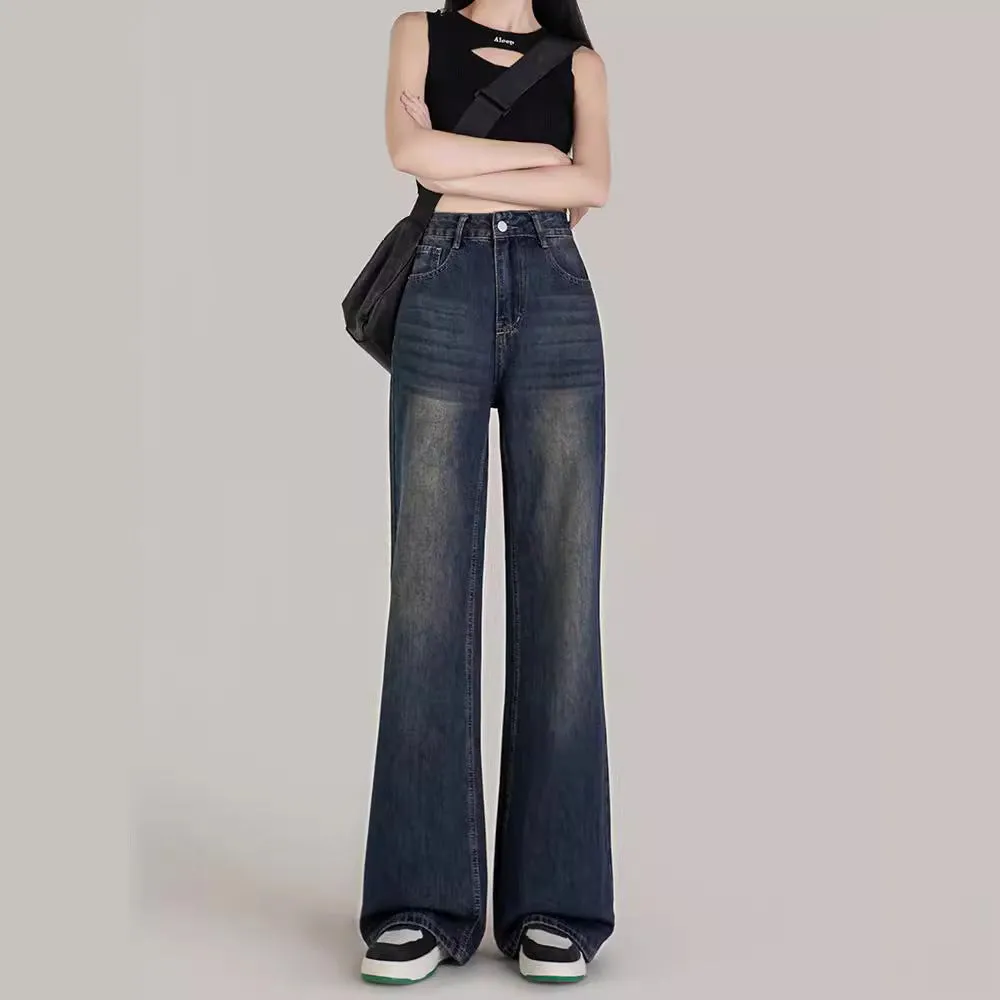 Lanfubeisi shamar Micro Flared Jeans Women's Autumn and Winter Retro Blue High Waist Loose Wide Leg Pants Small Mop Long Pants