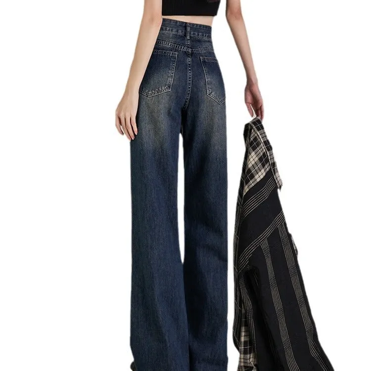 Lanfubeisi shamar Micro Flared Jeans Women's Autumn and Winter Retro Blue High Waist Loose Wide Leg Pants Small Mop Long Pants