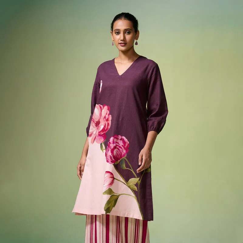 Linen Kurta Set For Women | Floral Printed | Dark Purple