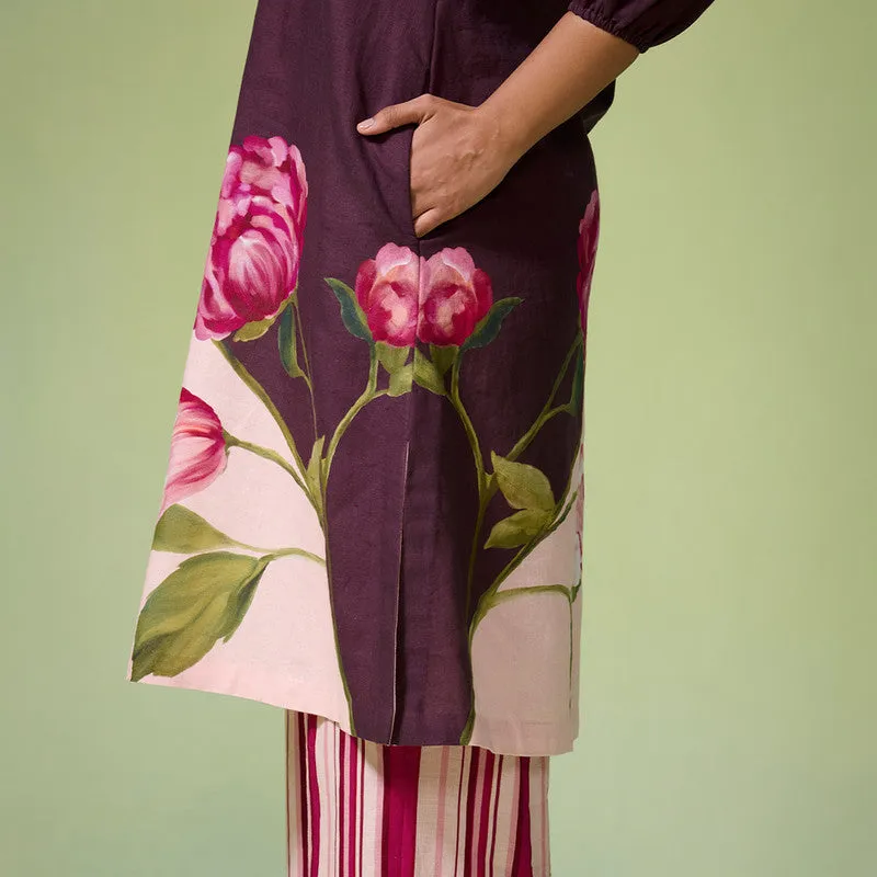 Linen Kurta Set For Women | Floral Printed | Dark Purple