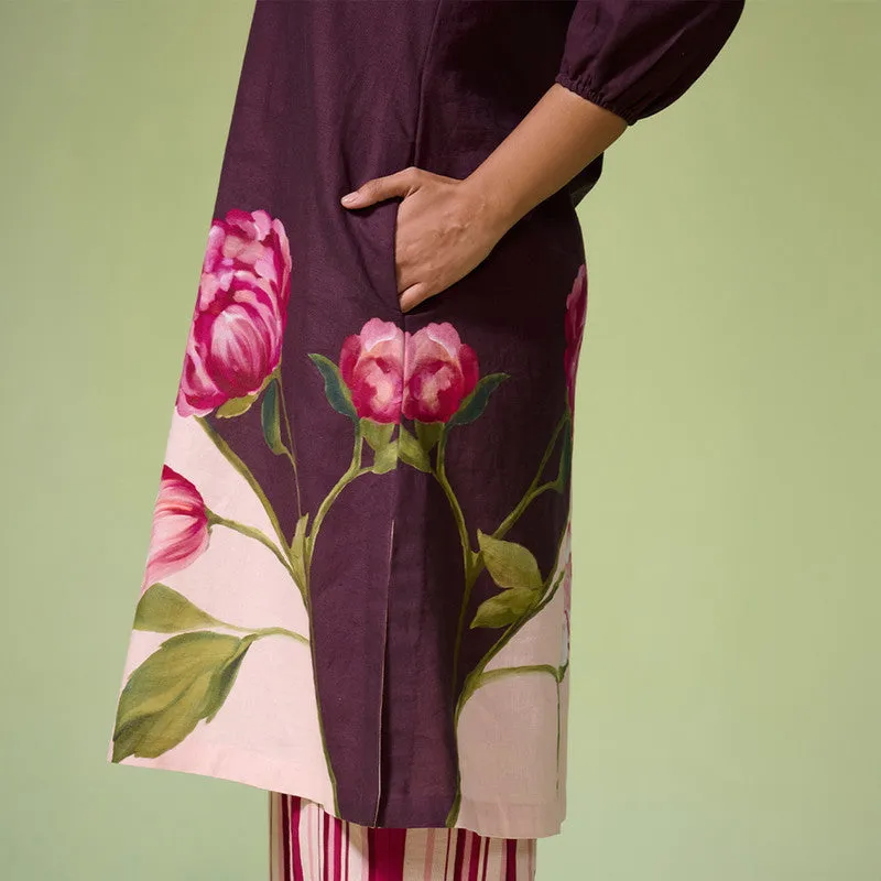 Linen Kurta Set For Women | Floral Printed | Dark Purple