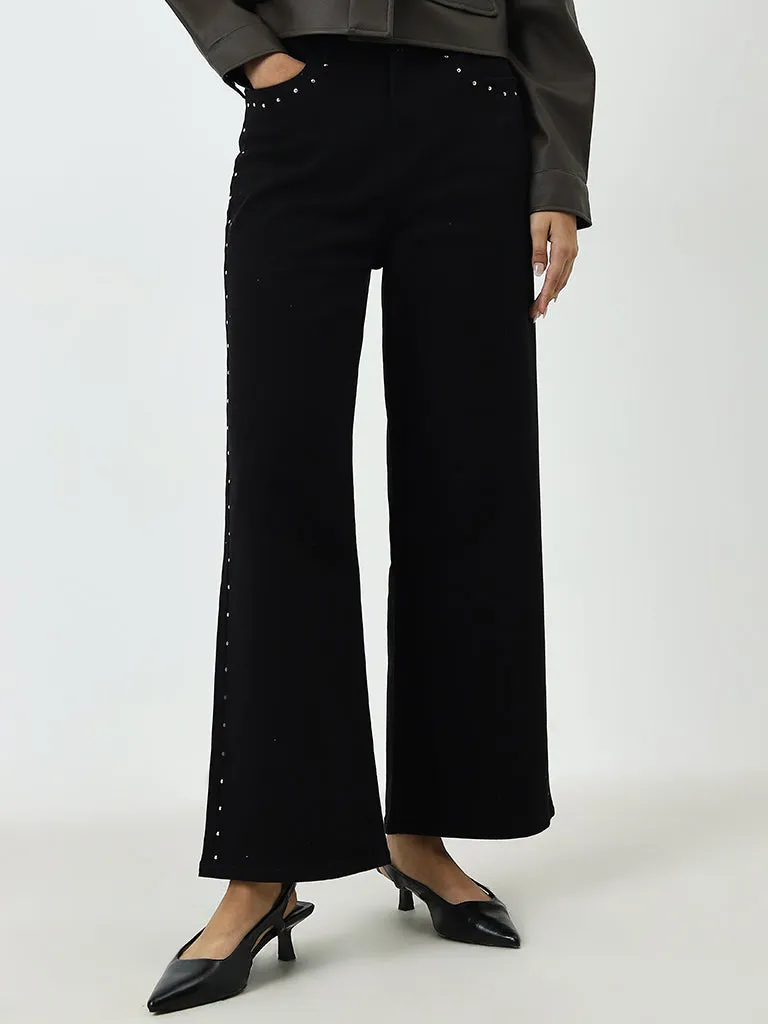 LOV Black Embellished Wide Leg - Fit High - Rise Jeans