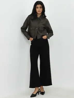 LOV Black Embellished Wide Leg - Fit High - Rise Jeans