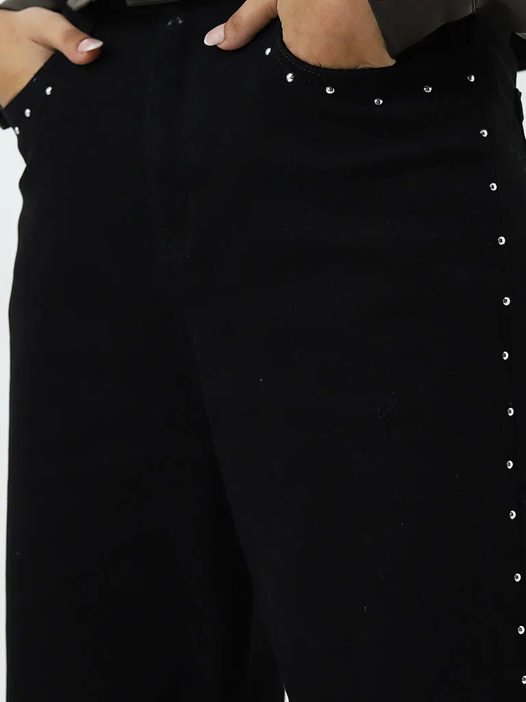 LOV Black Embellished Wide Leg - Fit High - Rise Jeans