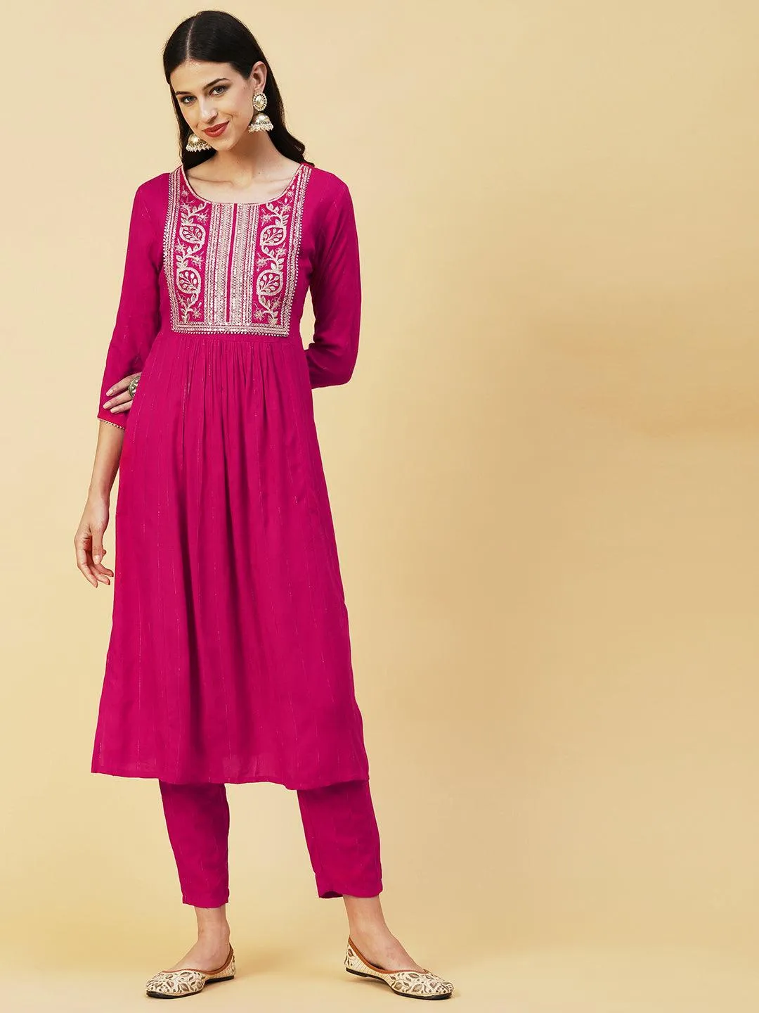 Lurex Striped Dobby Design Zari & Resham Embroidered Kurta With Pants - Magenta