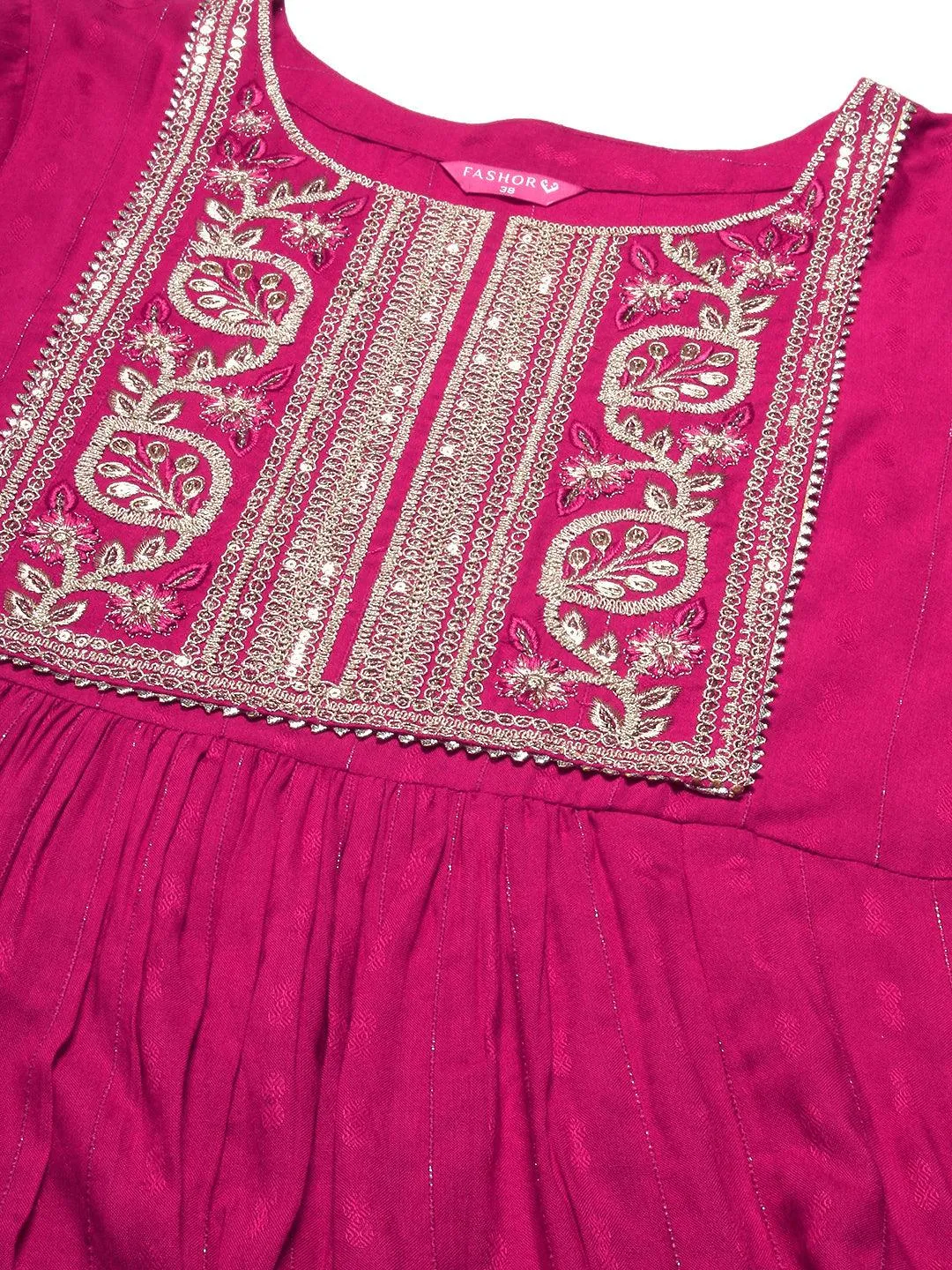 Lurex Striped Dobby Design Zari & Resham Embroidered Kurta With Pants - Magenta