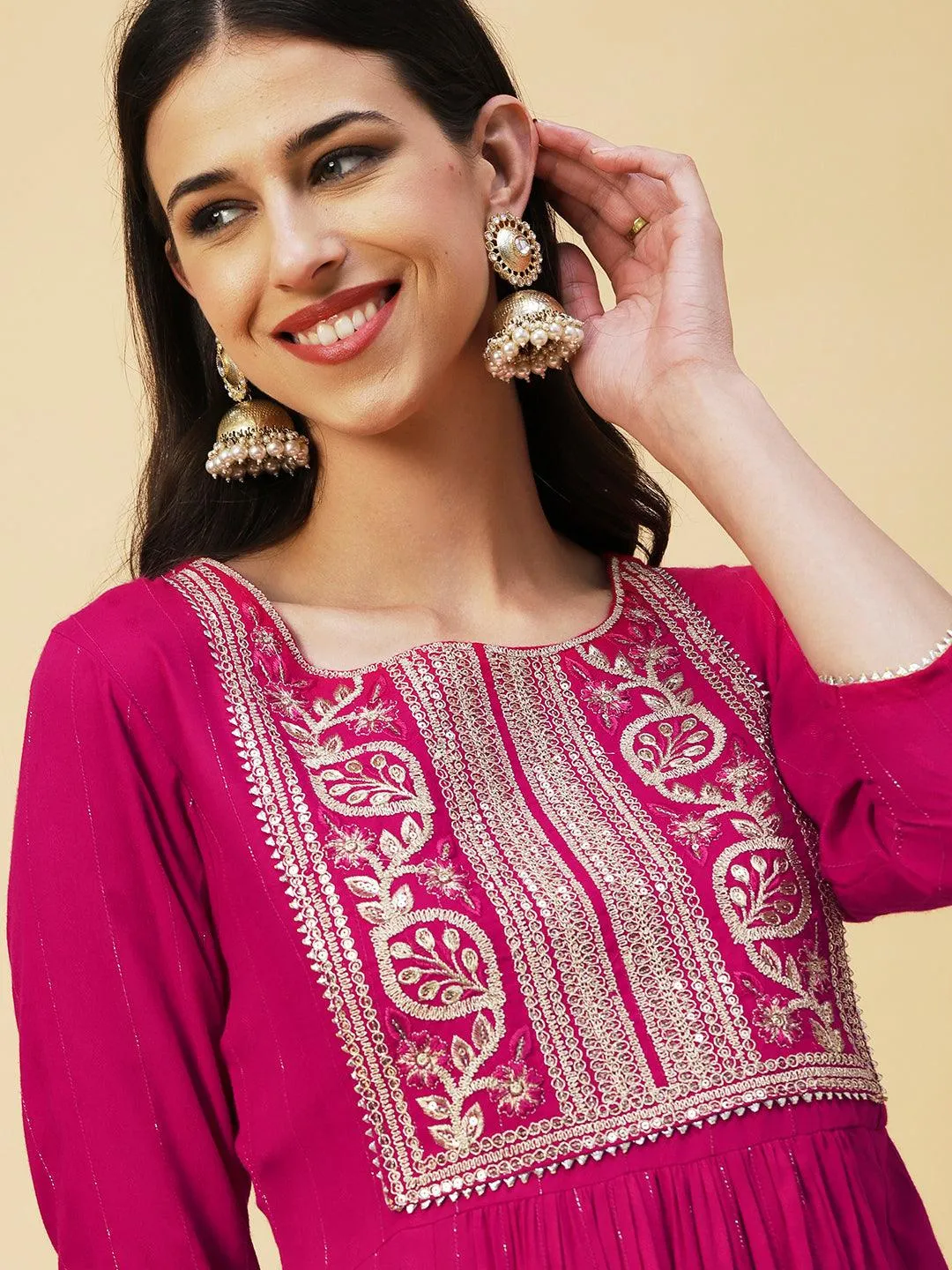 Lurex Striped Dobby Design Zari & Resham Embroidered Kurta With Pants - Magenta