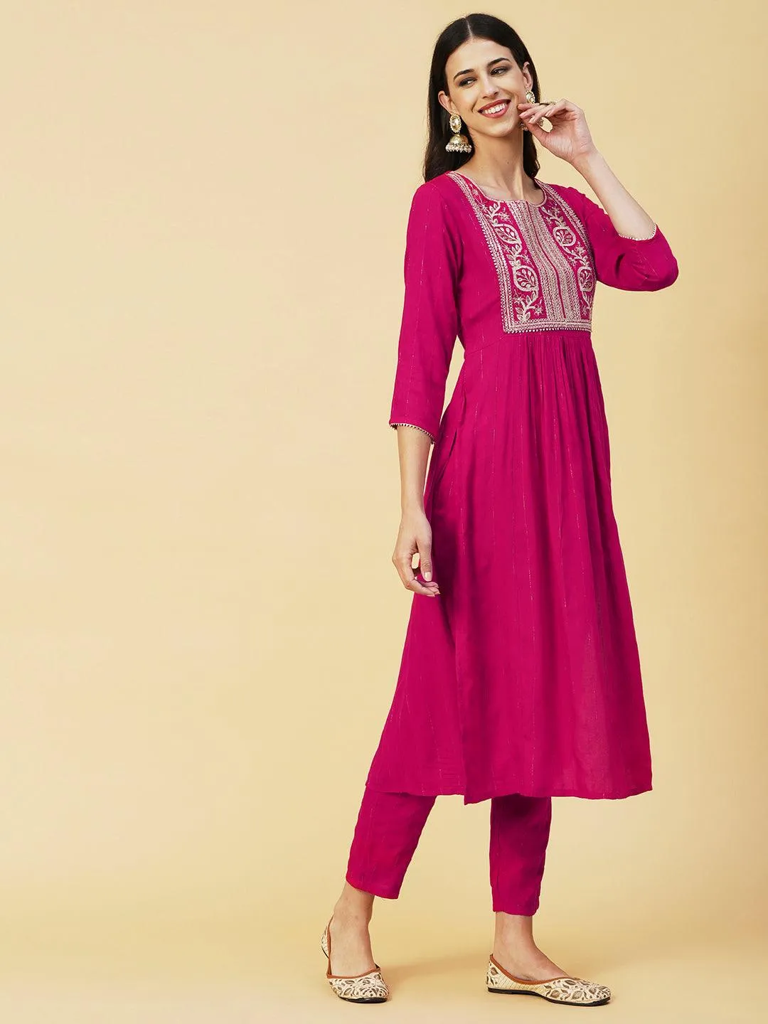 Lurex Striped Dobby Design Zari & Resham Embroidered Kurta With Pants - Magenta