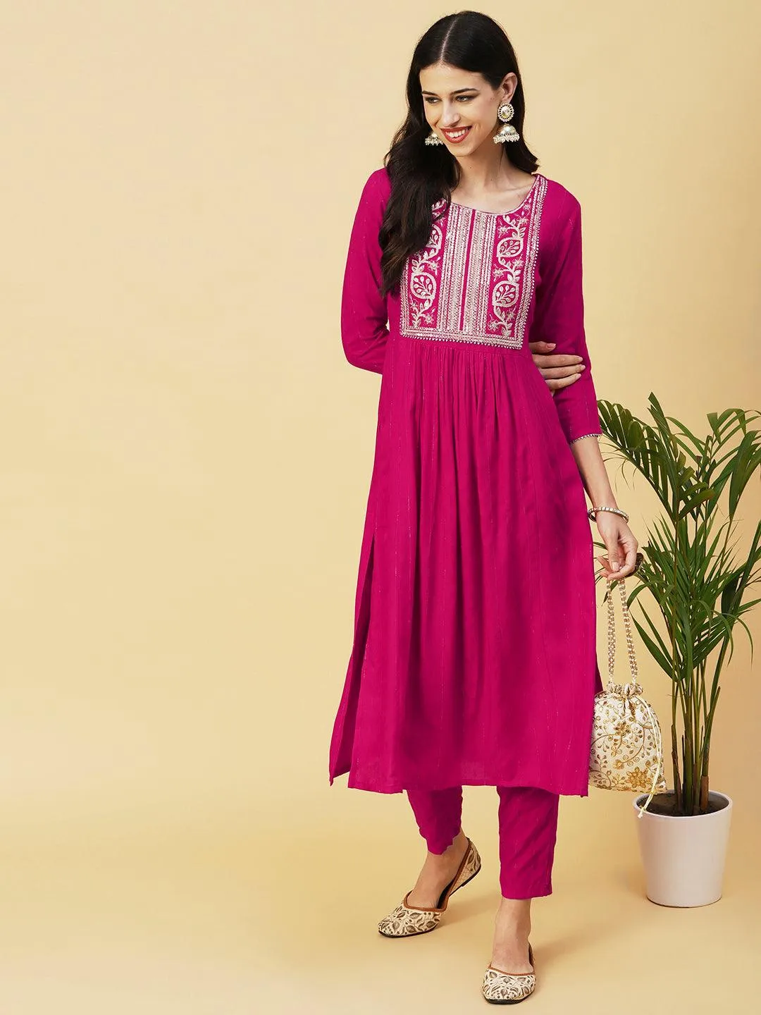 Lurex Striped Dobby Design Zari & Resham Embroidered Kurta With Pants - Magenta