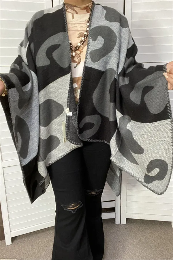 LW11398 Leopard grey &black color block shawl