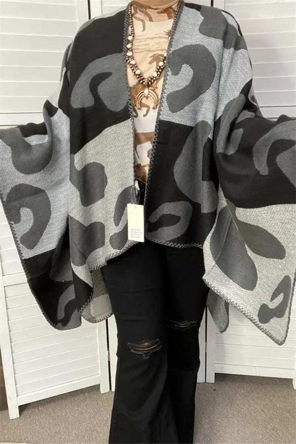 LW11398 Leopard grey &black color block shawl