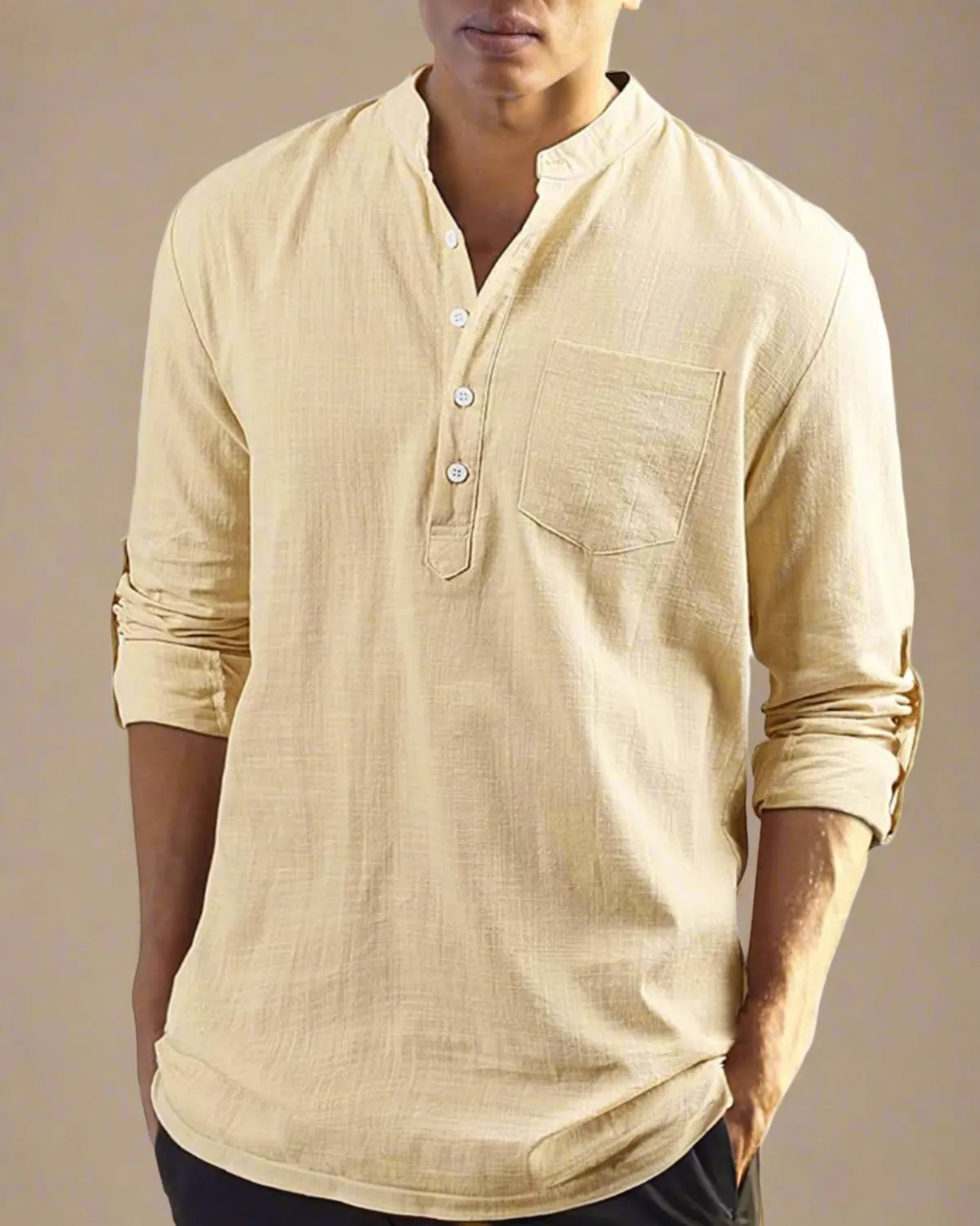 Men Collarless Henley Cotton Shirt