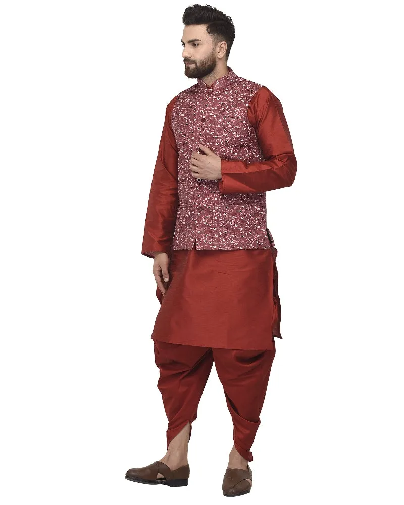 Men's Maroon Kurta With Dhoti & Maroon Printed Nehru Jacket - Benstoke