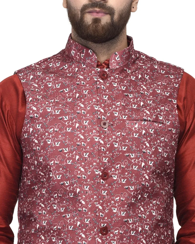 Men's Maroon Kurta With Dhoti & Maroon Printed Nehru Jacket - Benstoke