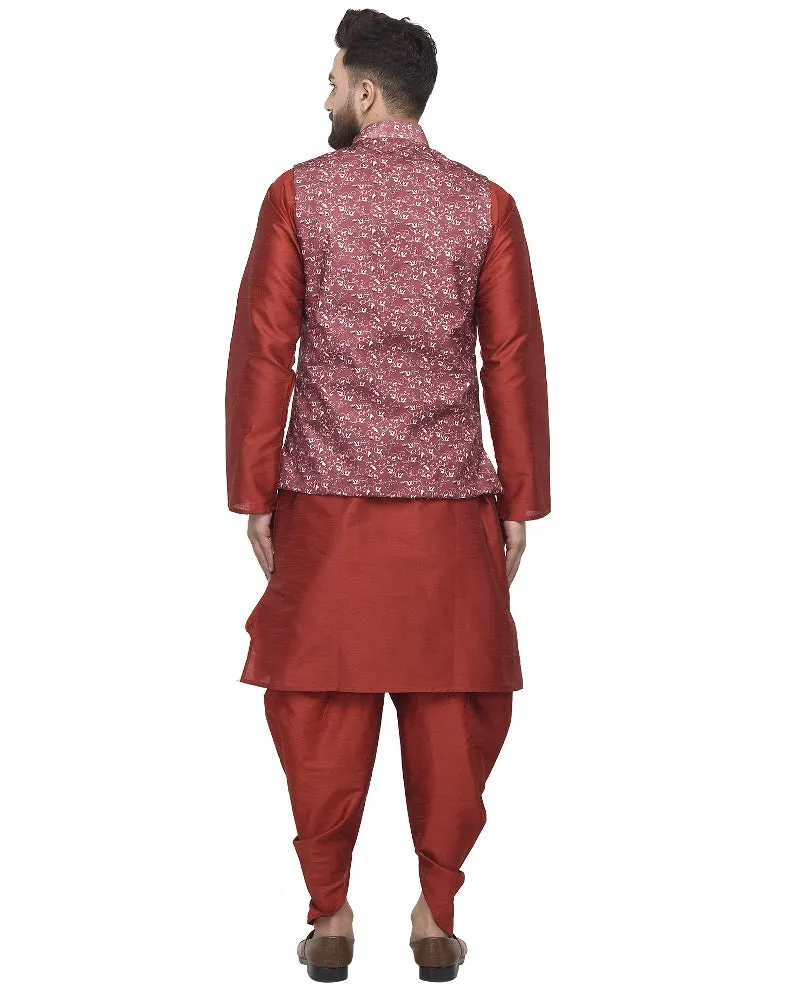 Men's Maroon Kurta With Dhoti & Maroon Printed Nehru Jacket - Benstoke