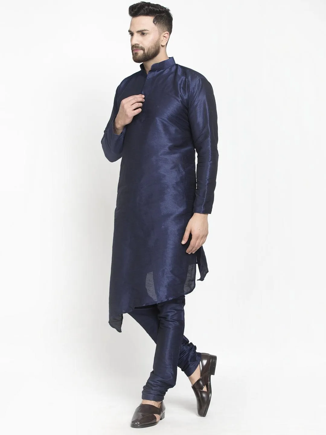 Men's Navy Blue Solid Asymmetric Kurta With Churidaar Pyjama - Benstoke