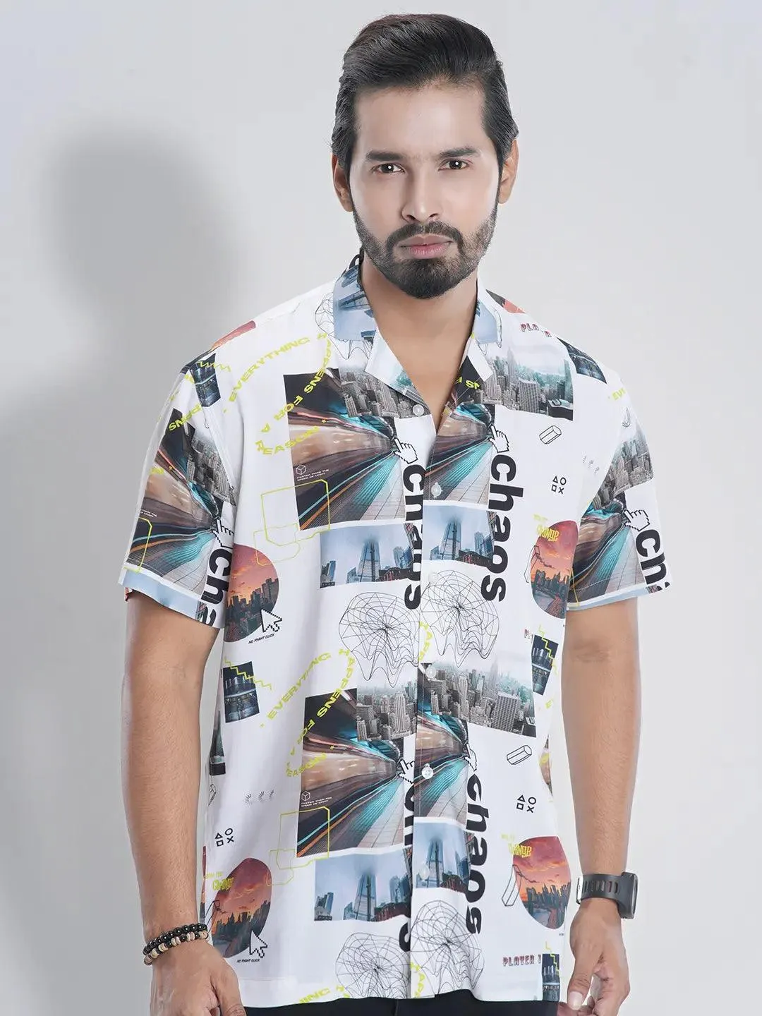 Men's Short Sleeve Camp Collar Casual in Digital Print Shirt