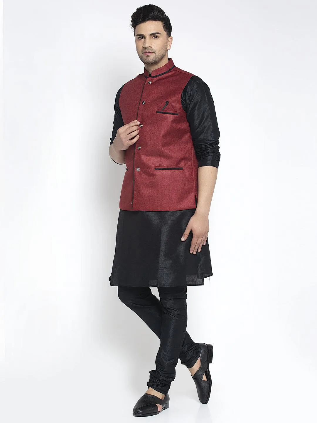 Men's Silk Blend Black Kurta With Pyjama & Maroon Nehru Jacket - Benstoke