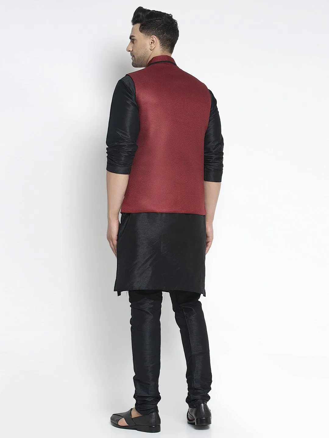 Men's Silk Blend Black Kurta With Pyjama & Maroon Nehru Jacket - Benstoke