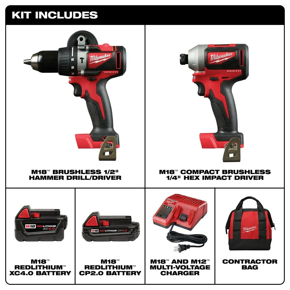 Milwaukee 2893-22CX M18 Brushless Hammer Drill/Impact Combo Kit 2.0,4.0