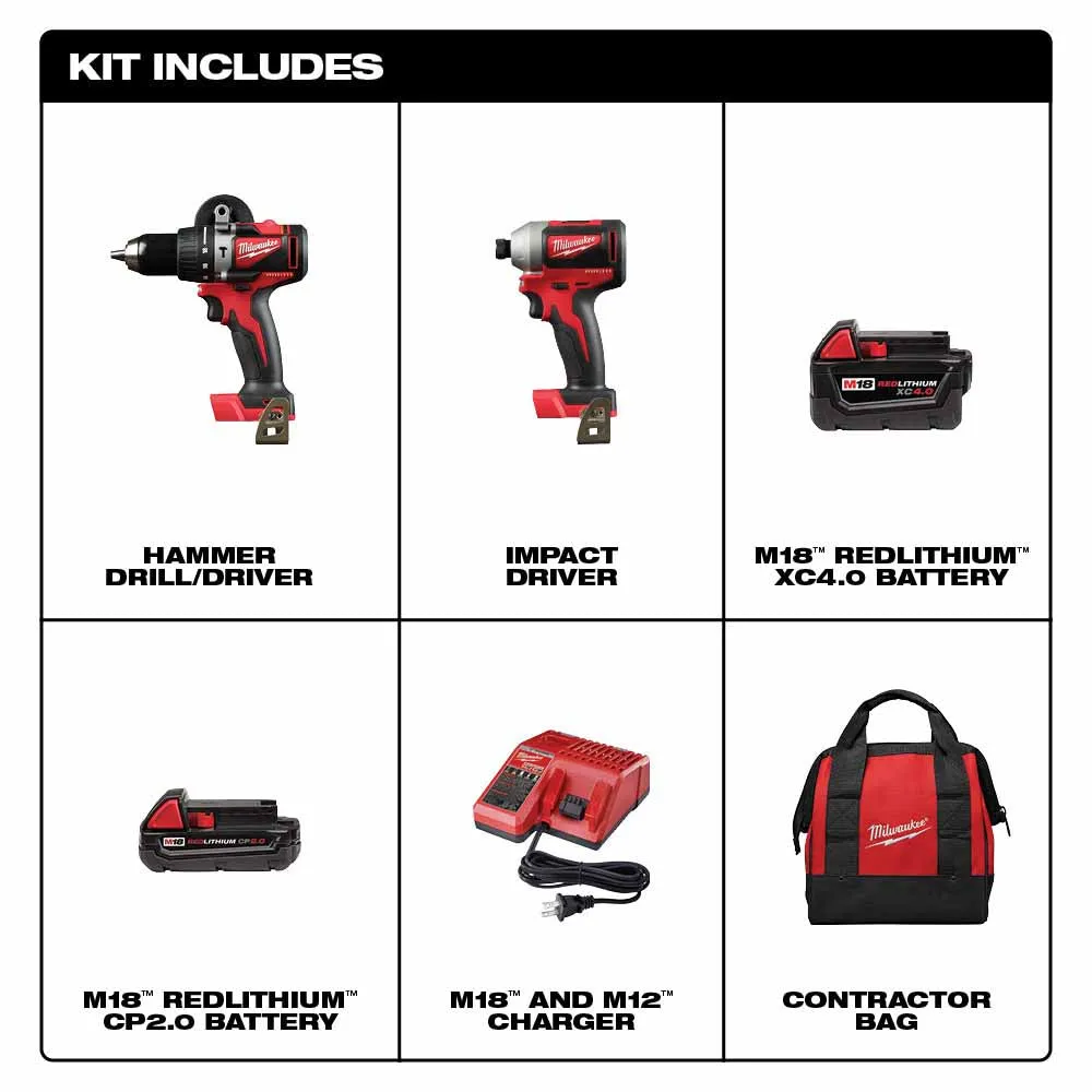 Milwaukee 2893-22CX M18 Brushless Hammer Drill/Impact Combo Kit 2.0,4.0